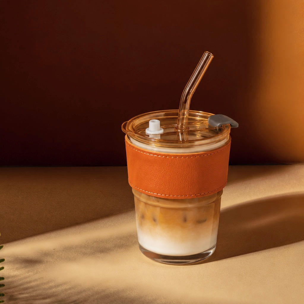 Minimalist Glass Tumbler with Glass Straw & Leather Grip Sleeve - 400ml