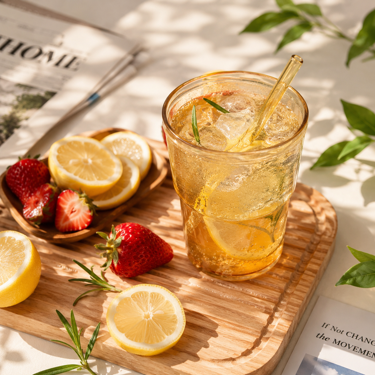Minimalist Glass Tumbler with Glass Straw & Leather Grip Sleeve - 400ml