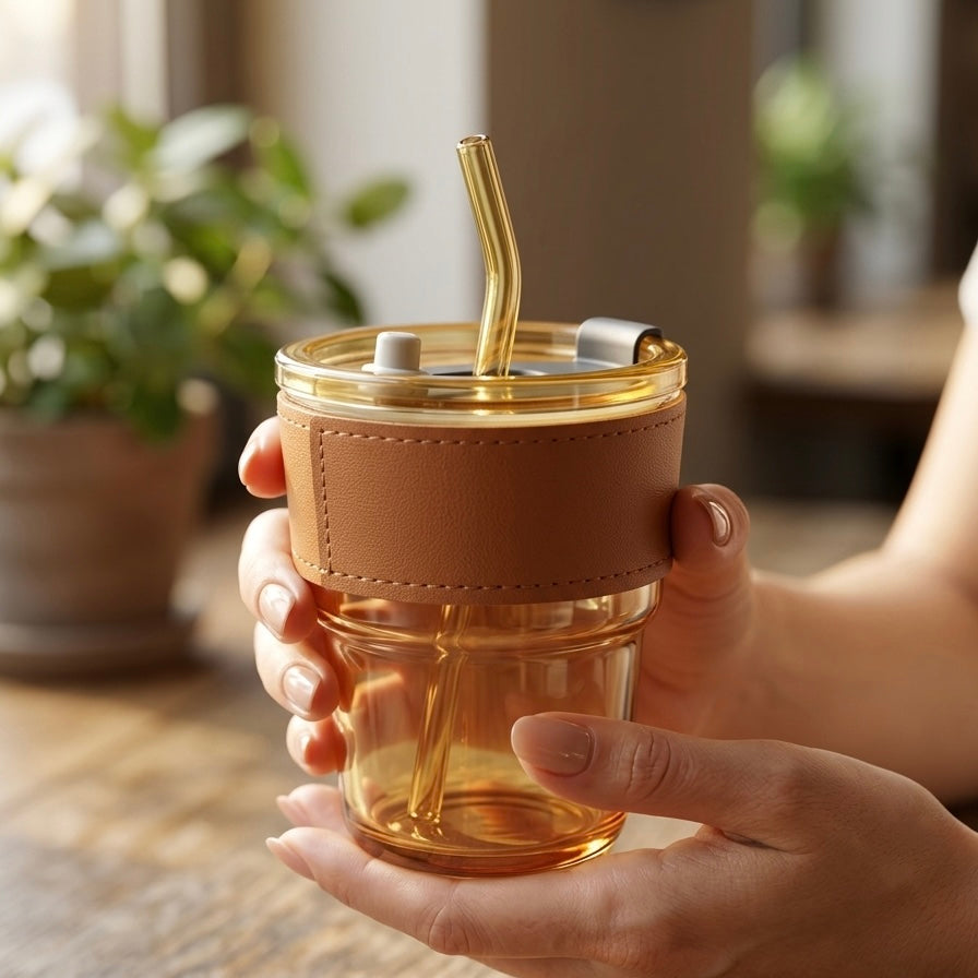 Minimalist Glass Tumbler with Glass Straw & Leather Grip Sleeve - 400ml