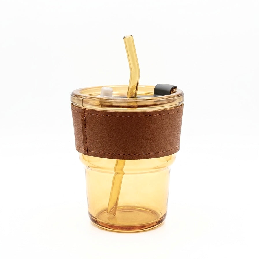 Minimalist Glass Tumbler with Glass Straw & Leather Grip Sleeve - 400ml