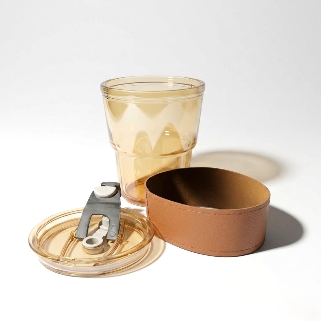Minimalist Glass Tumbler with Glass Straw & Leather Grip Sleeve - 400ml