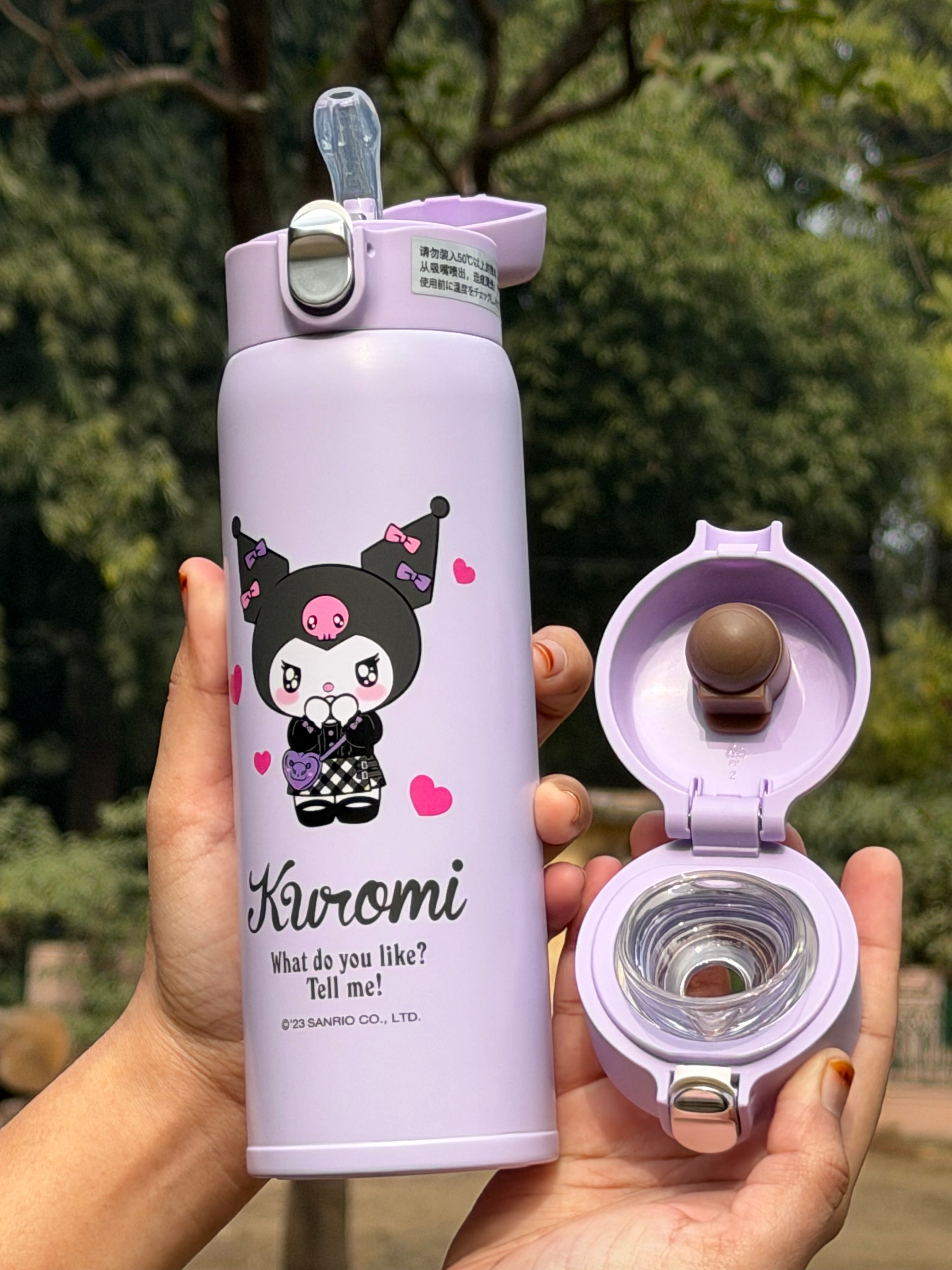 Kuromi Insulated Water Bottle with Multiple Caps & Carry Cover – 500 ml
