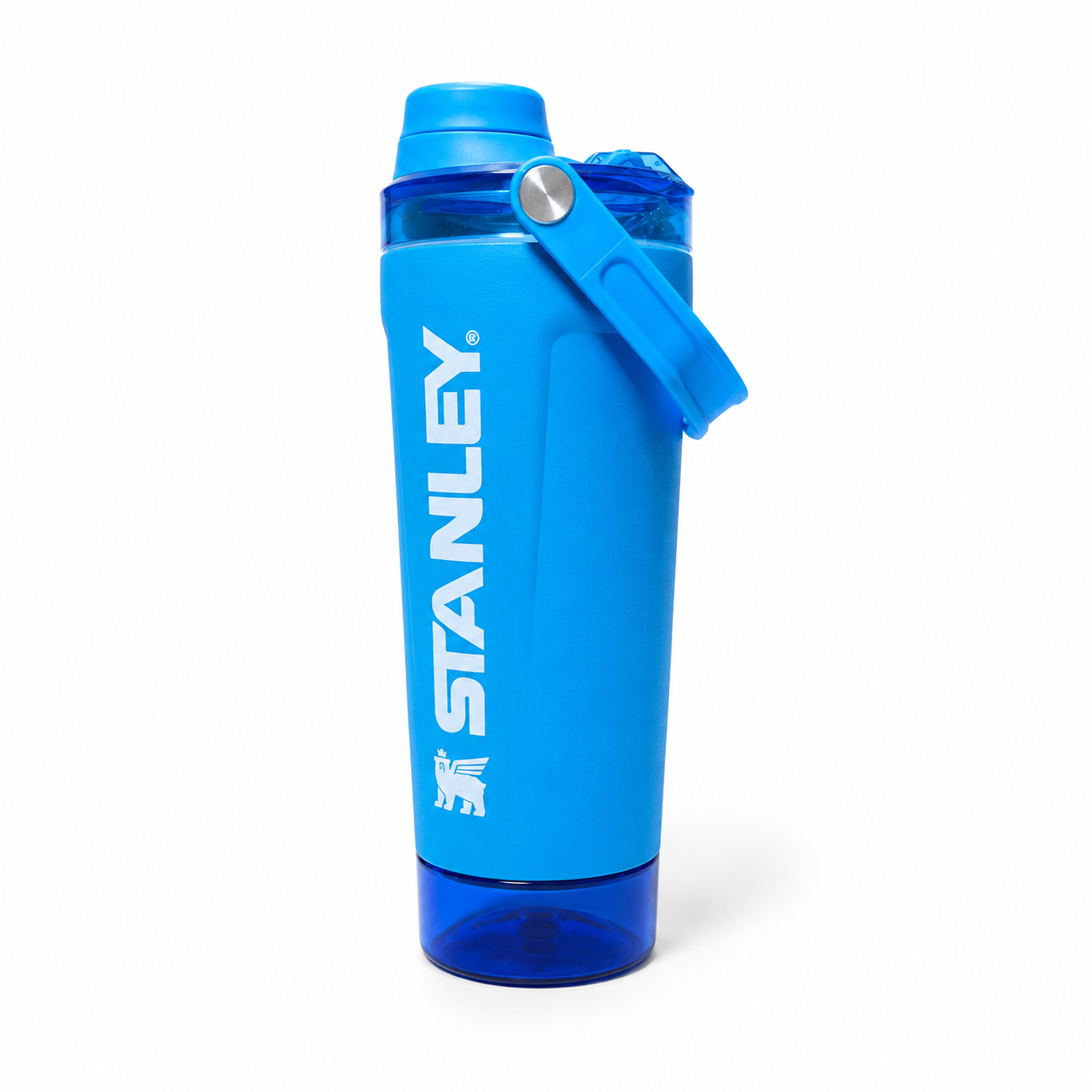 A blue Stanley water bottle with a matching blue flip-top lid and carrying loop, featuring the white STANLEY logo printed vertically on the side, set against a plain white background.