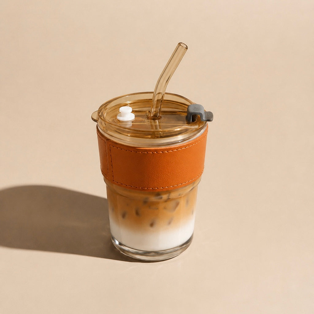Minimalist Glass Tumbler with Glass Straw & Leather Grip Sleeve - 400ml
