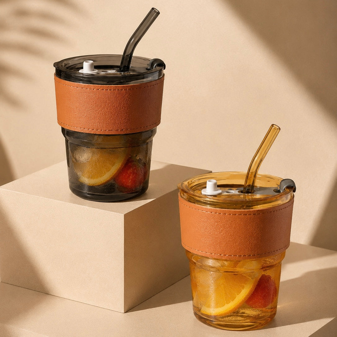 Minimalist Glass Tumbler with Glass Straw & Leather Grip Sleeve - 400ml