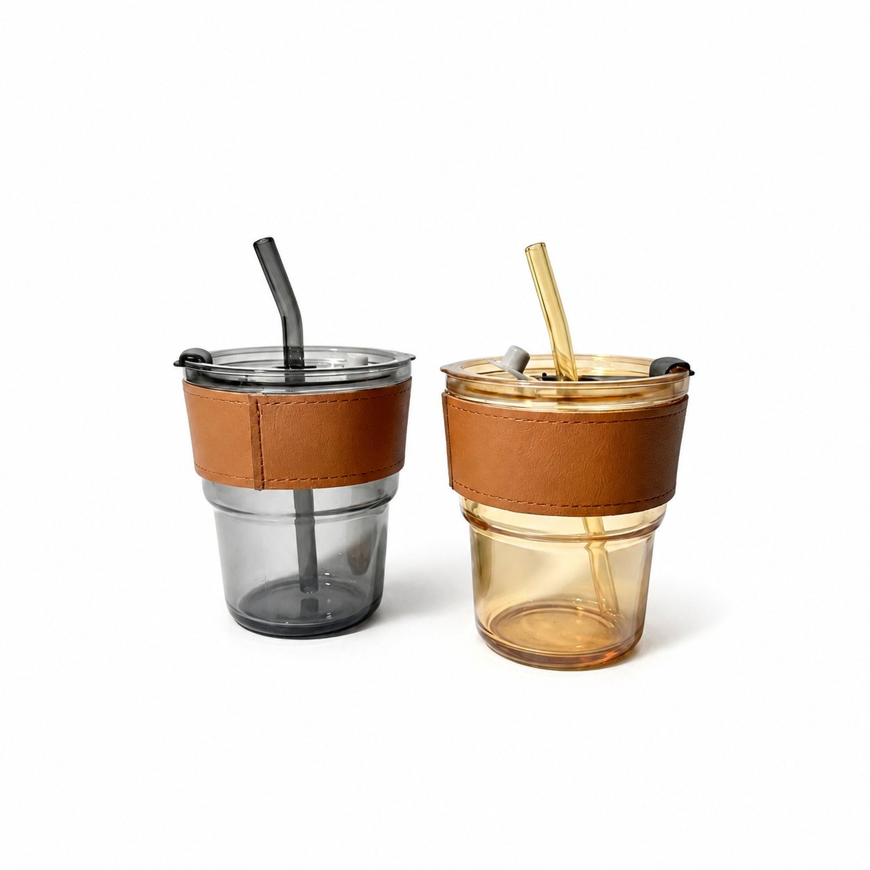 Minimalist Glass Tumbler with Glass Straw & Leather Grip Sleeve - 400ml