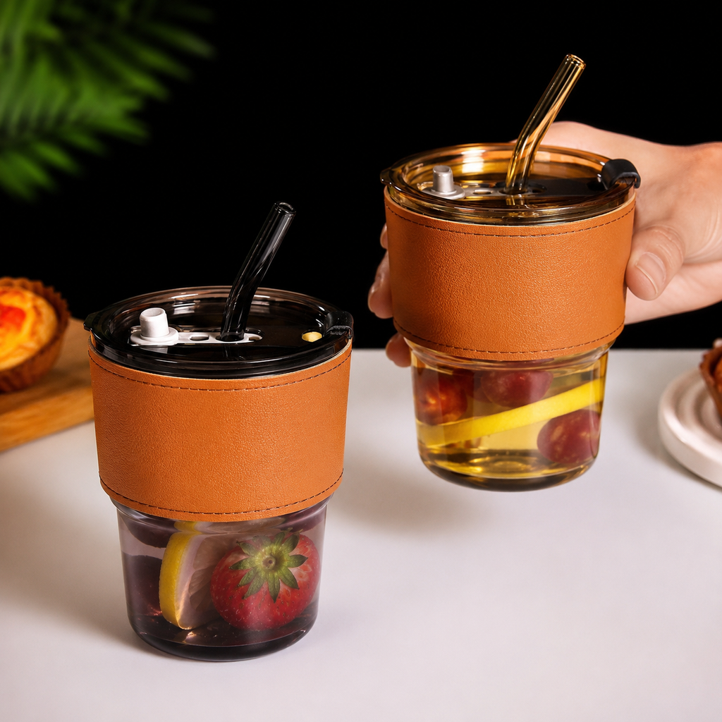 Minimalist Glass Tumbler with Glass Straw & Leather Grip Sleeve - 400ml