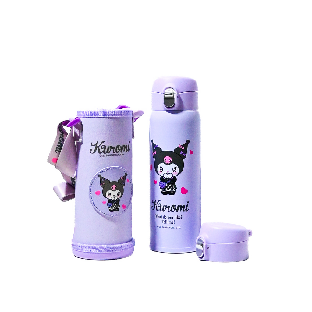Kuromi Insulated Water Bottle with Multiple Caps & Carry Cover – 500 ml