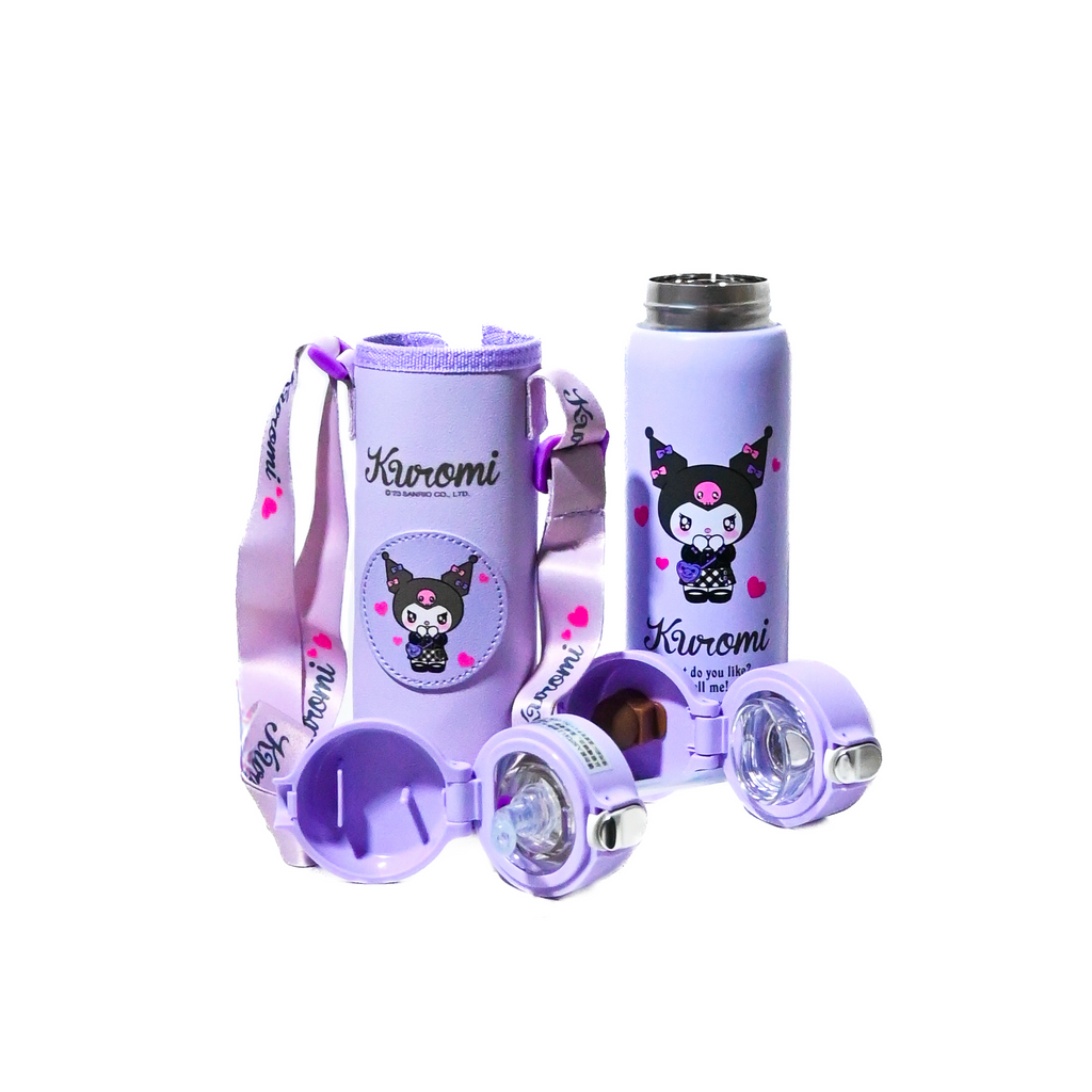 Kuromi Insulated Water Bottle with Multiple Caps & Carry Cover – 500 ml