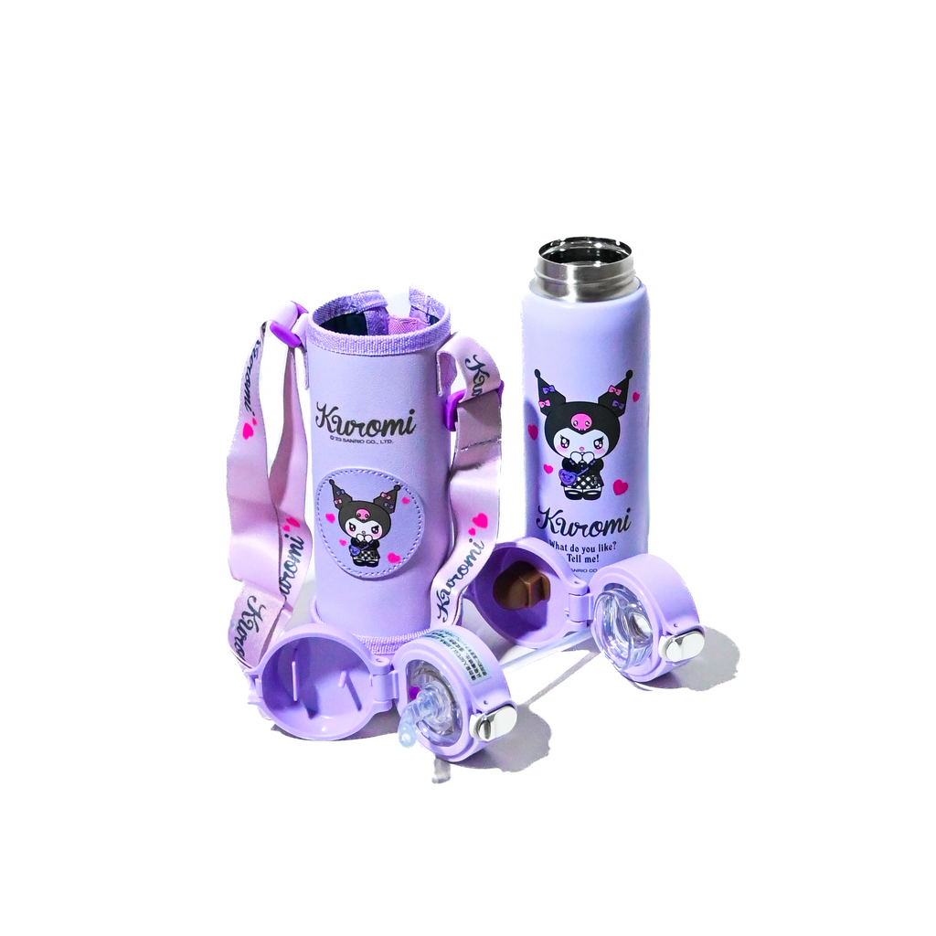 Kuromi Insulated Water Bottle with Multiple Caps & Carry Cover – 500 ml