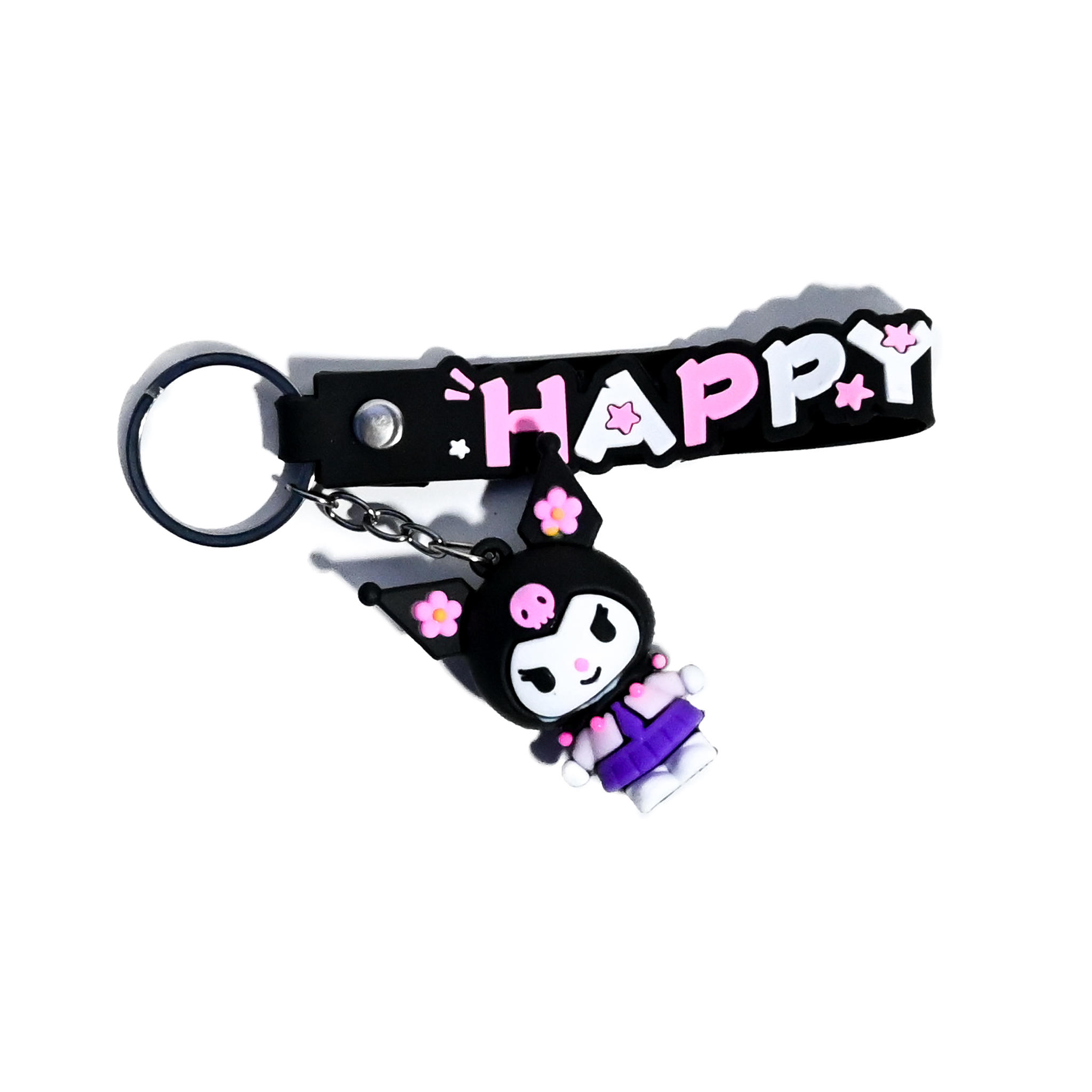 Cute Kuromi-Inspired Keychain - Kawaii Character Keyring with “HAPPY” Silicone Strap