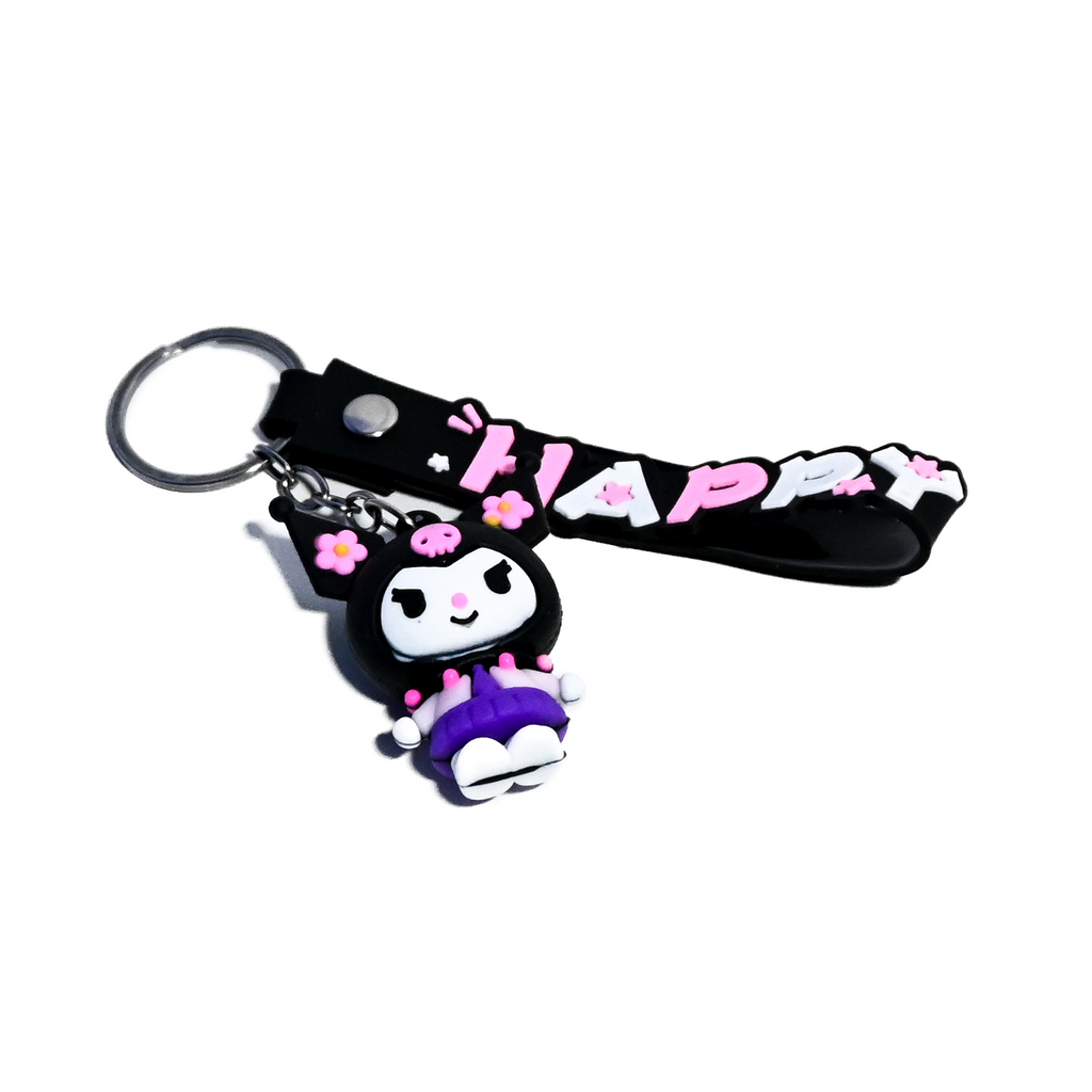 Cute Kuromi-Inspired Keychain - Kawaii Character Keyring with “HAPPY” Silicone Strap