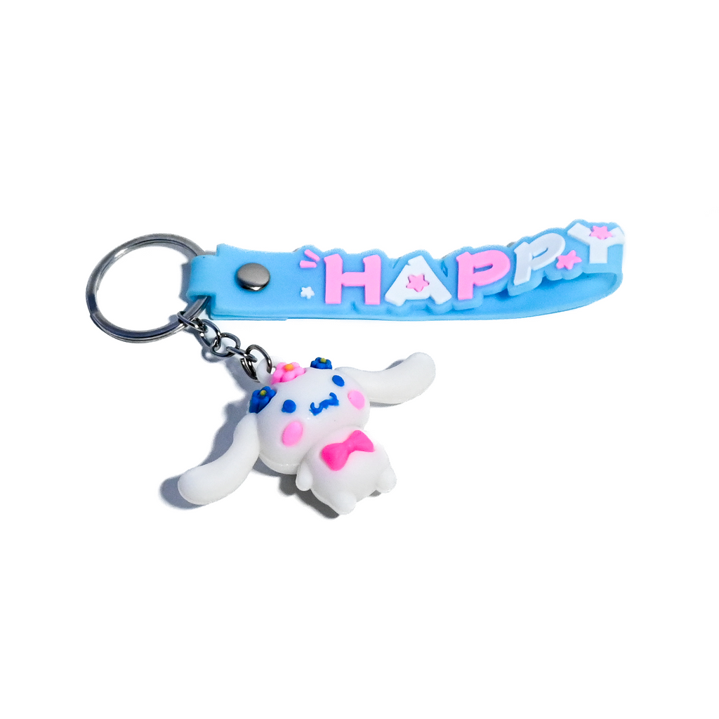 Cute Cinnamoroll-Inspired Keychain | Kawaii Bunny Character Keyring with Blue “HAPPY” Strap