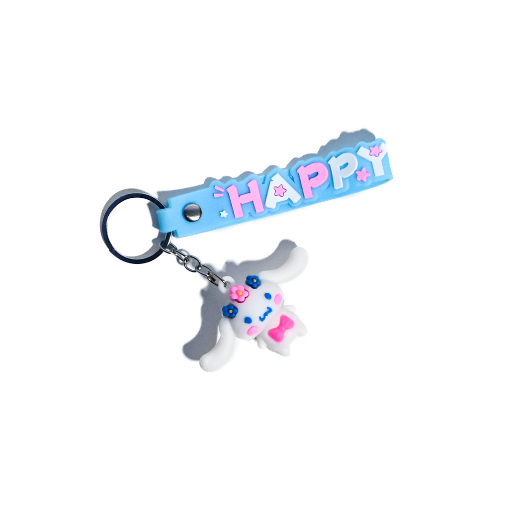 Cute Cinnamoroll-Inspired Keychain | Kawaii Bunny Character Keyring with Blue “HAPPY” Strap