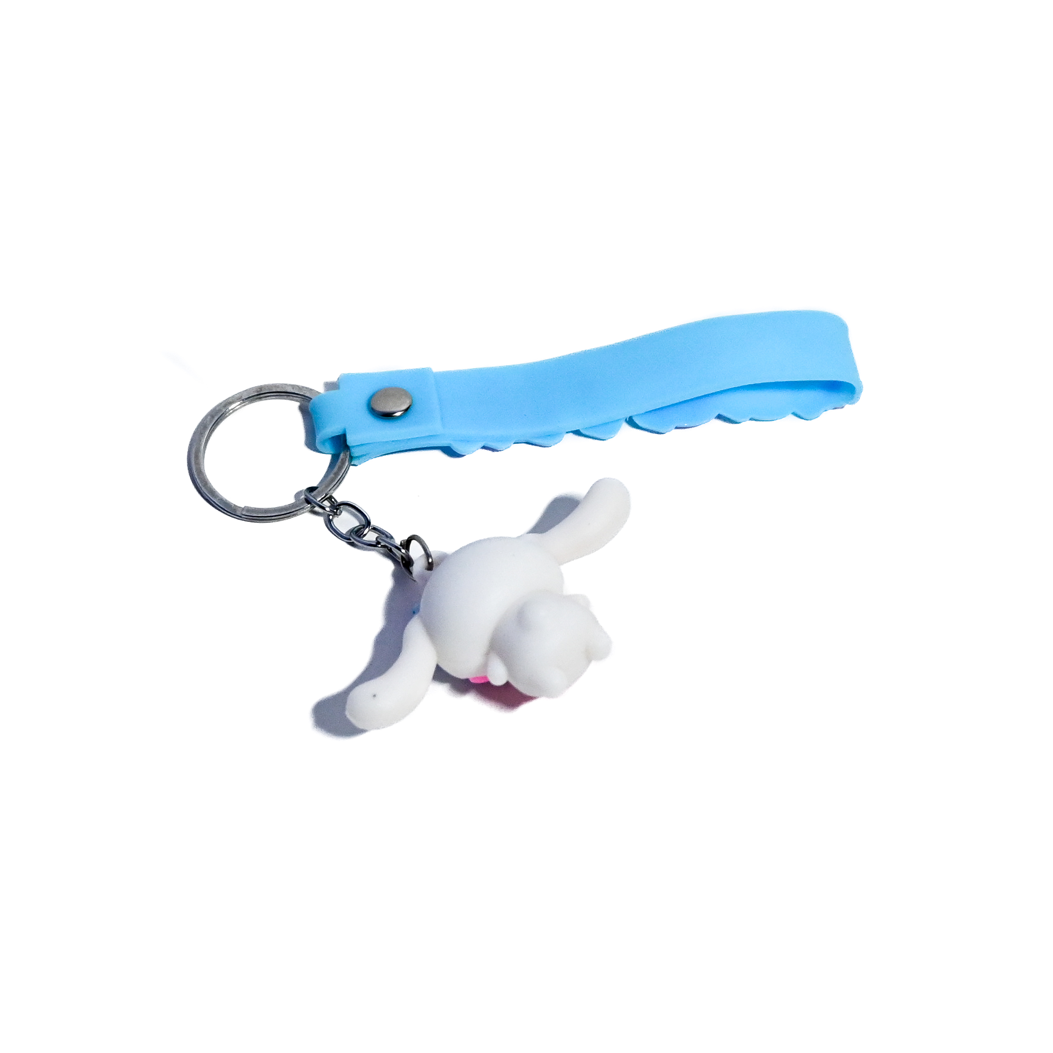 Cute Cinnamoroll-Inspired Keychain | Kawaii Bunny Character Keyring with Blue “HAPPY” Strap