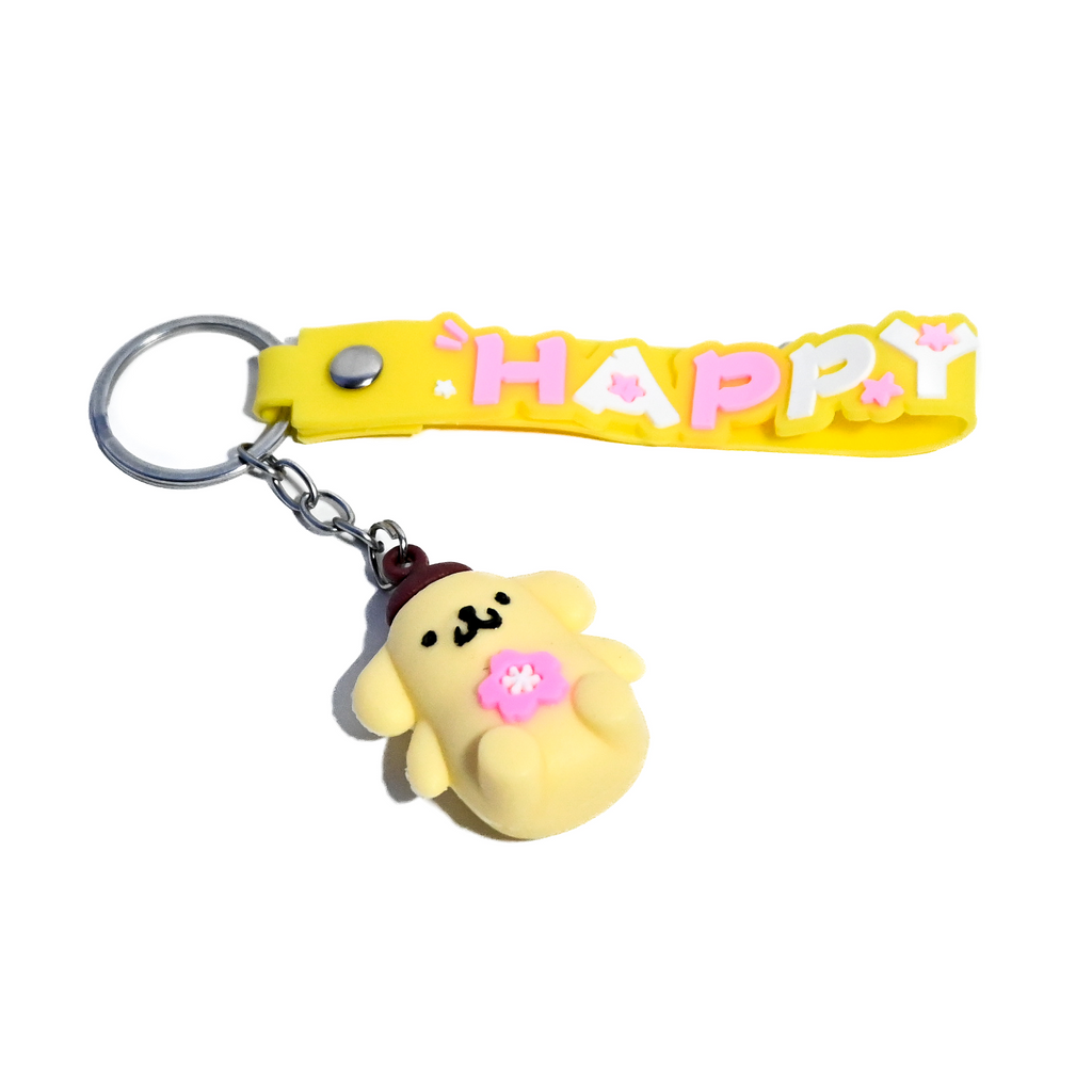 Cute Pompompurin-Inspired Keychain - Kawaii Dog Character Keyring with Yellow “HAPPY” Strap