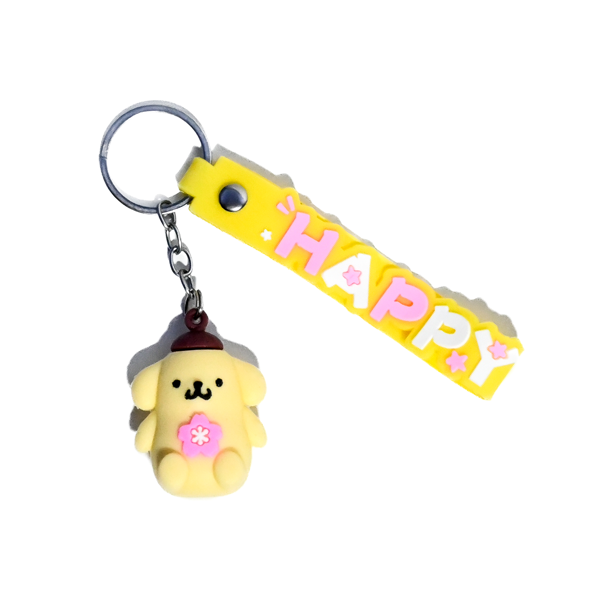 Cute Pompompurin-Inspired Keychain - Kawaii Dog Character Keyring with Yellow “HAPPY” Strap