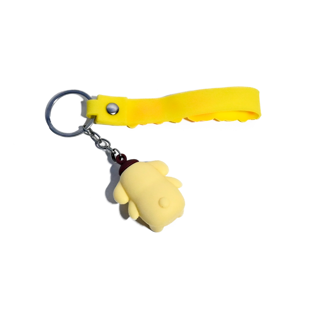 Cute Pompompurin-Inspired Keychain - Kawaii Dog Character Keyring with Yellow “HAPPY” Strap