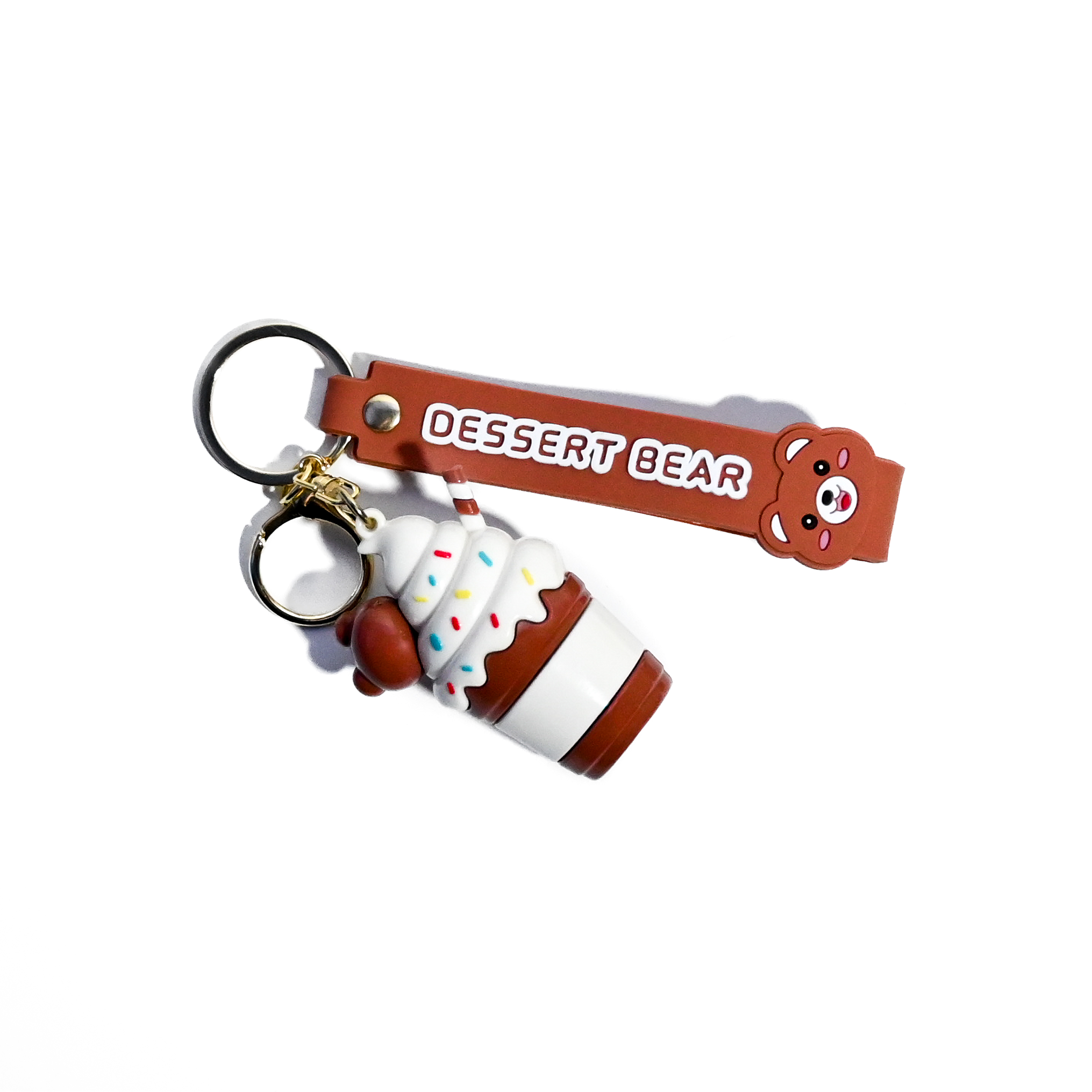 Cute Dessert Bear Keychain | Ice Cream Cup Bear Charm with Brown Silicone Strap