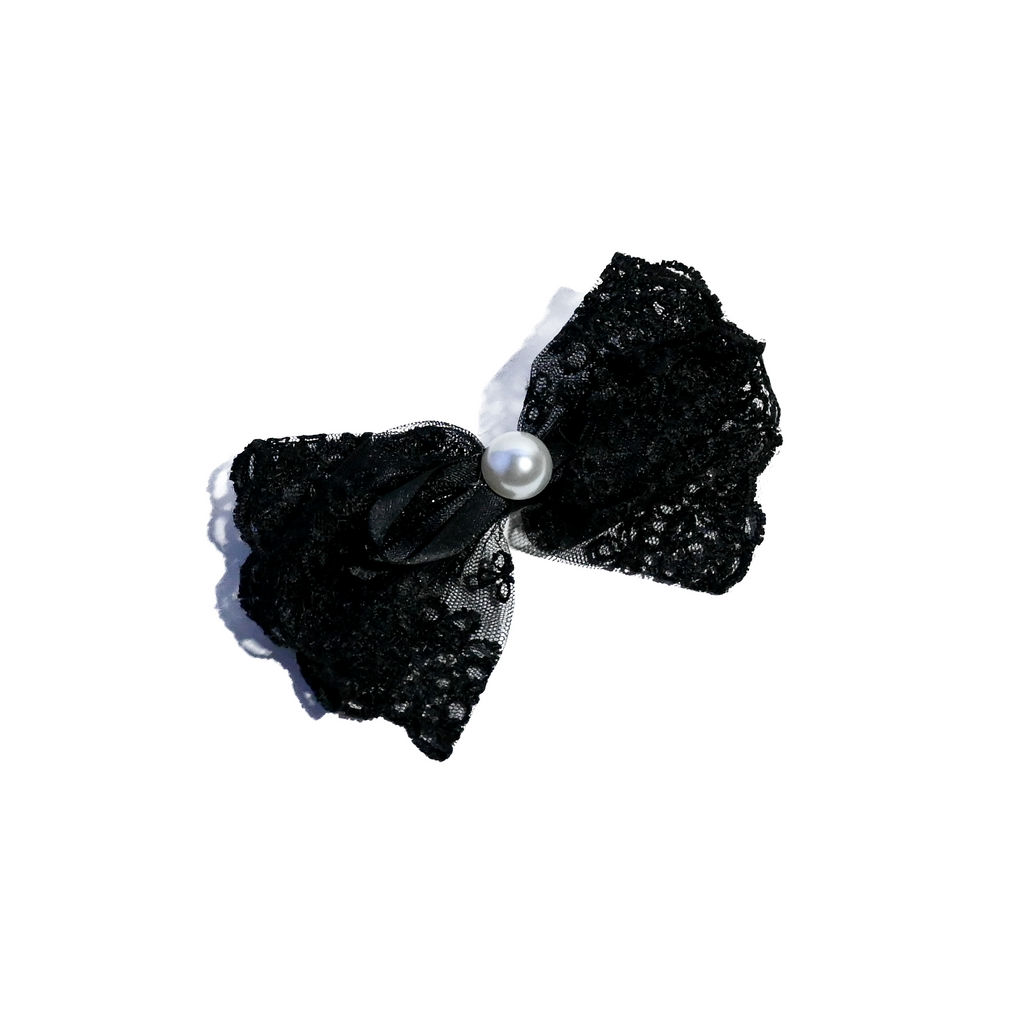 Lace Bow Hair Clip Set with Pearl Detail (Black & White)