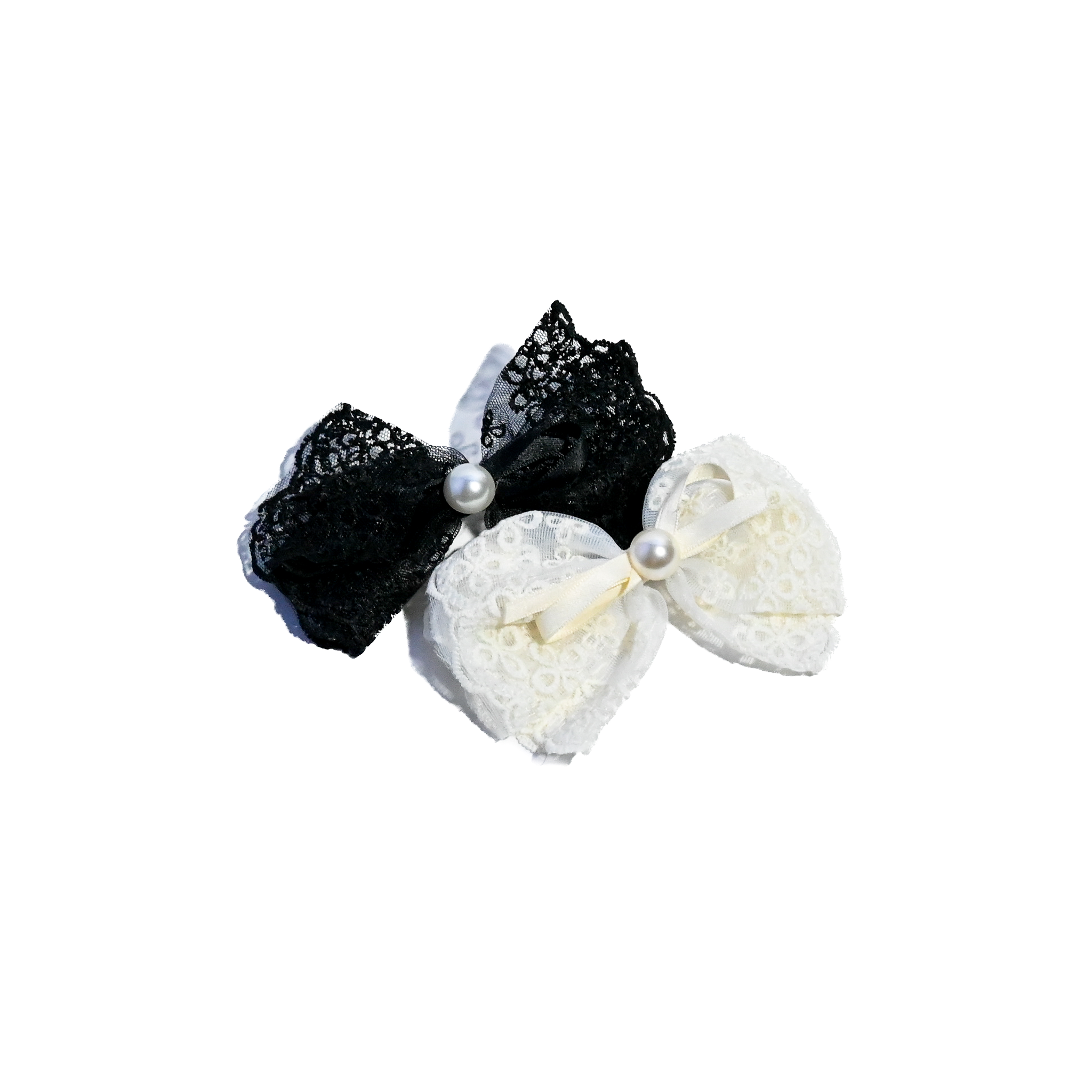 Lace Bow Hair Clip Set with Pearl Detail (Black & White)