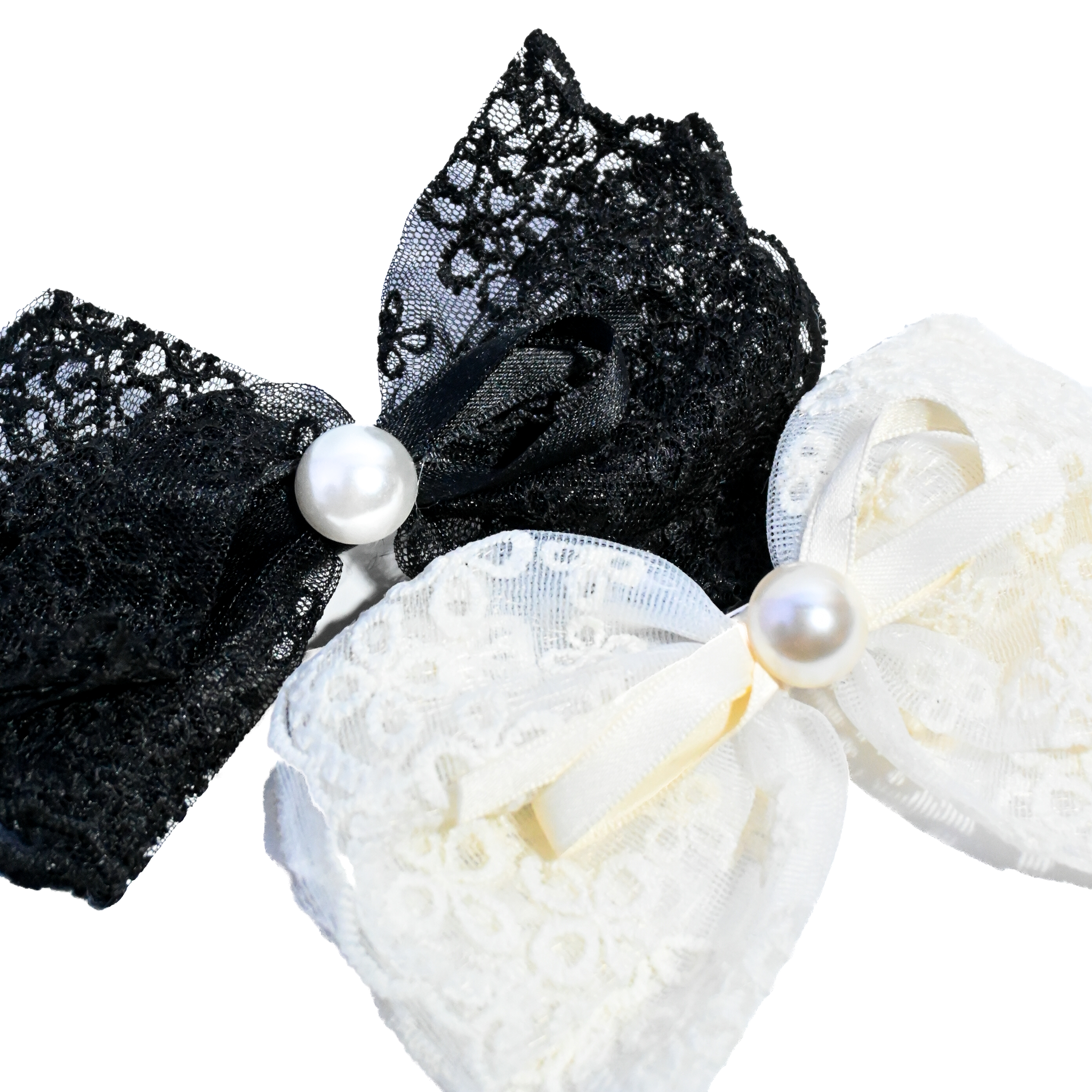 Lace Bow Hair Clip Set with Pearl Detail (Black & White)