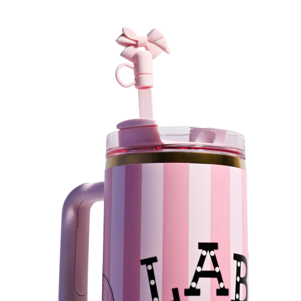 Labubu Edition 1200ml Stanley-Style Tumbler – Pink Striped Cute Character Mug with Straw (11 Inch)