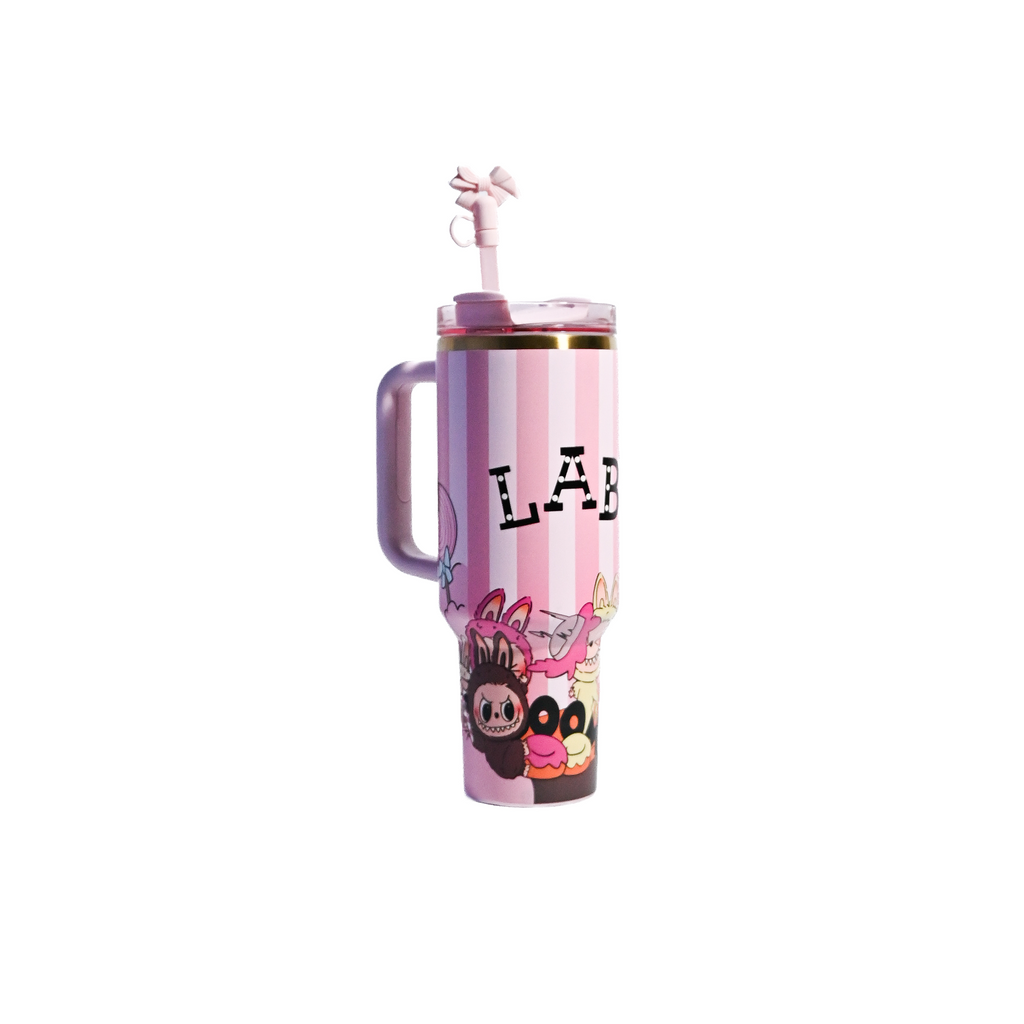 Labubu Edition 1200ml Stanley-Style Tumbler – Pink Striped Cute Character Mug with Straw (11 Inch)