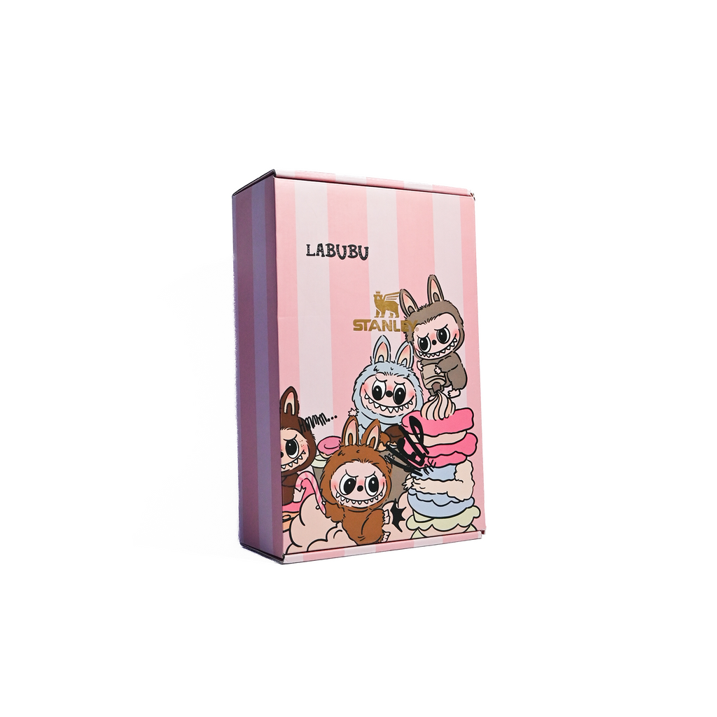 Labubu Edition 1200ml Stanley-Style Tumbler – Pink Striped Cute Character Mug with Straw (11 Inch)