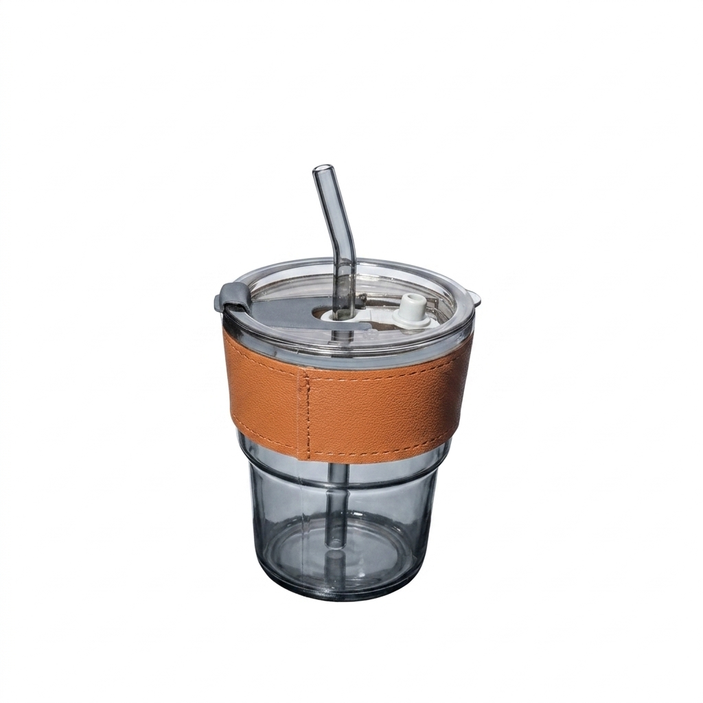 Minimalist Glass Tumbler with Glass Straw & Leather Grip Sleeve - 400ml