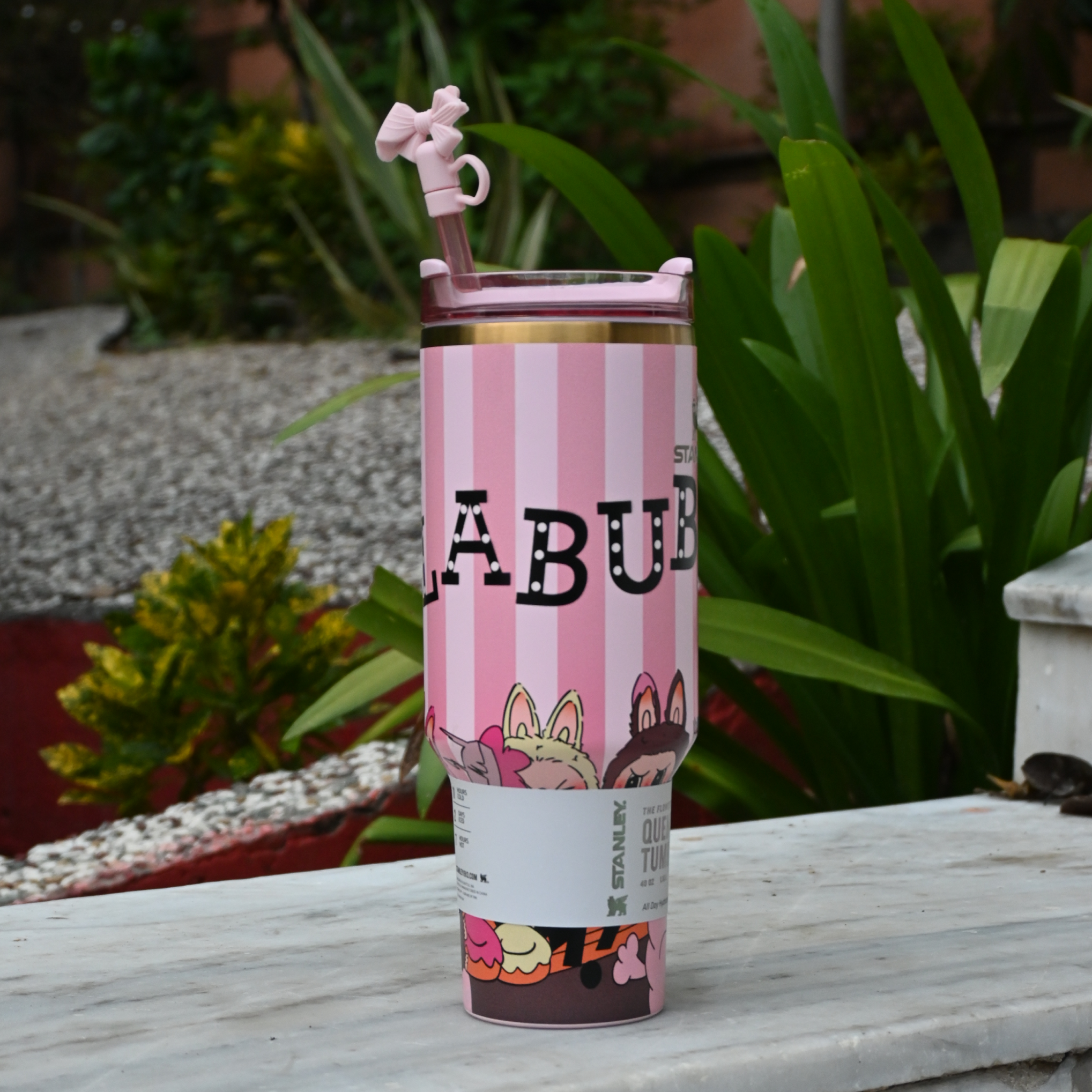 Labubu Edition 1200ml Stanley-Style Tumbler – Pink Striped Cute Character Mug with Straw (11 Inch)