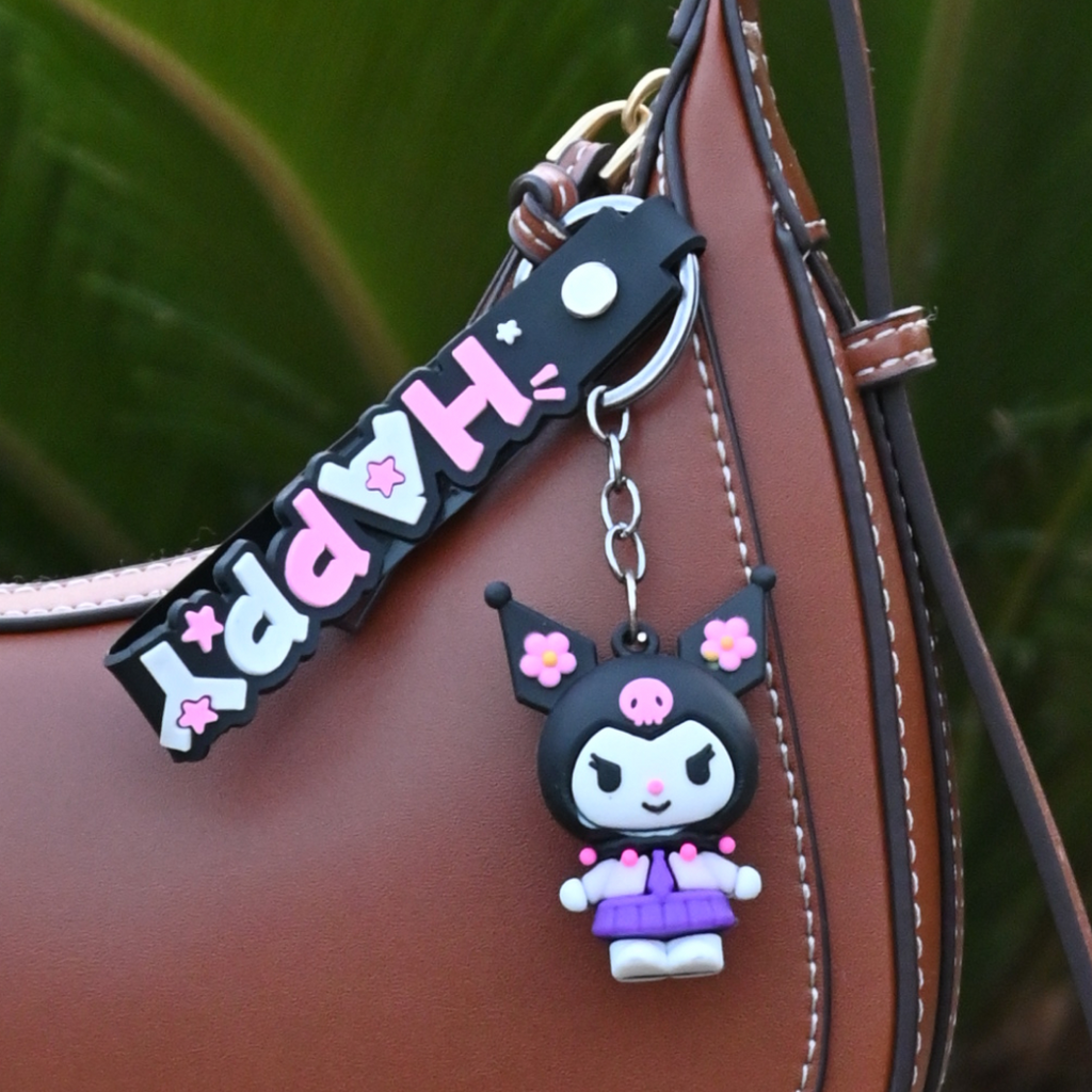 Cute Kuromi-Inspired Keychain - Kawaii Character Keyring with “HAPPY” Silicone Strap