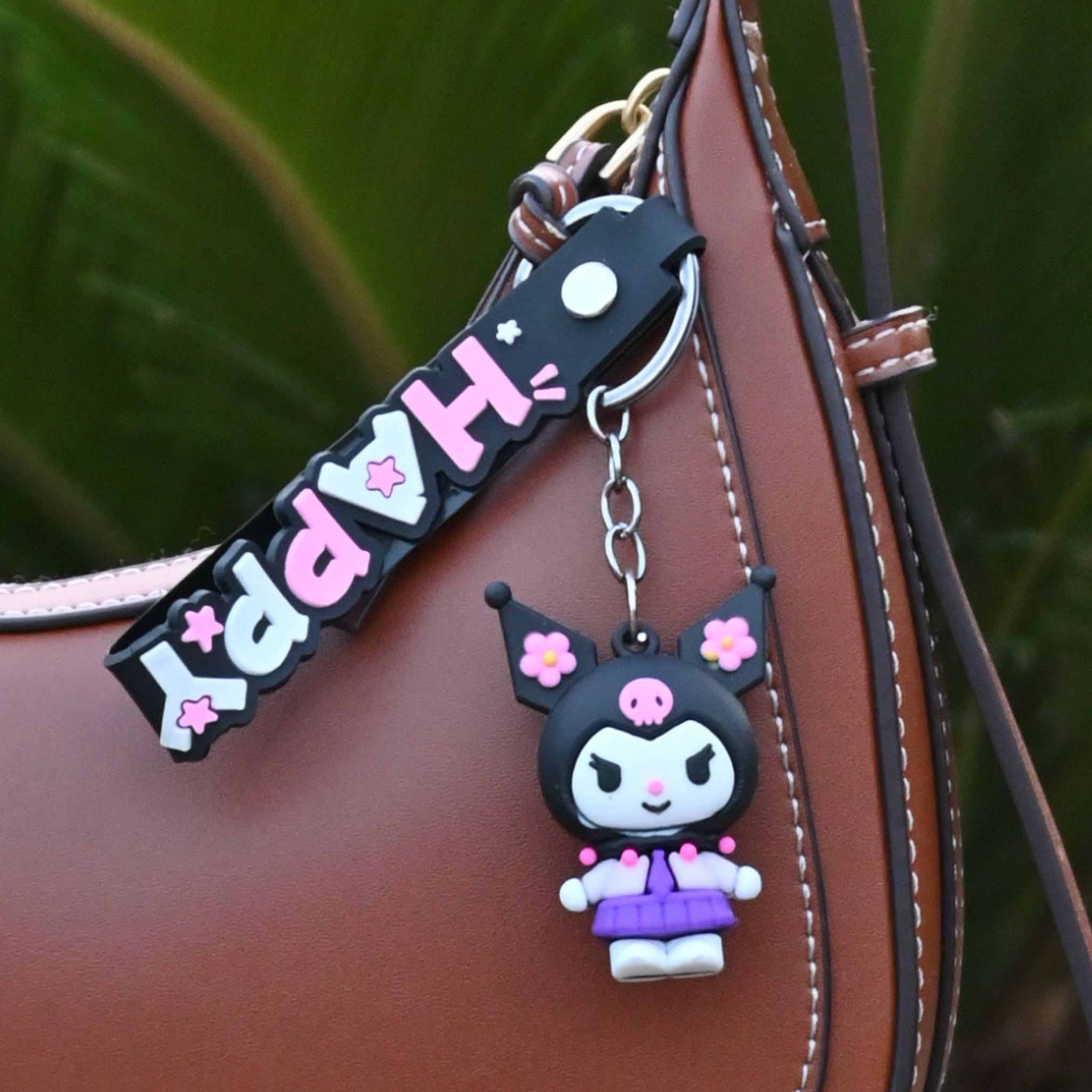 Cute Kuromi-Inspired Keychain - Kawaii Character Keyring with “HAPPY” Silicone Strap