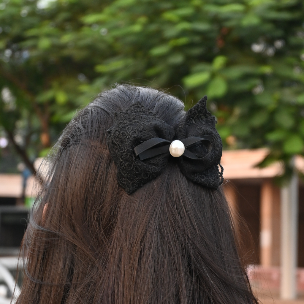 Lace Bow Hair Clip Set with Pearl Detail (Black & White)