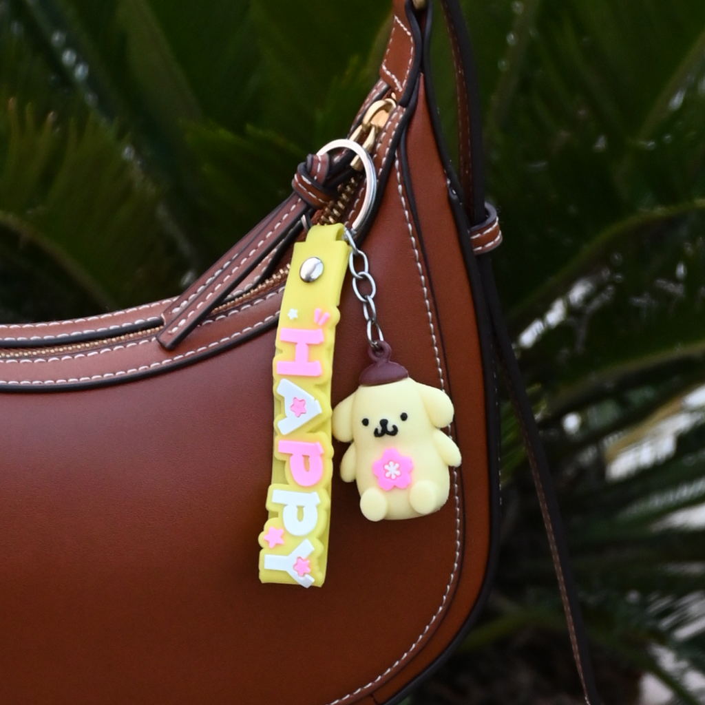 Cute Pompompurin-Inspired Keychain - Kawaii Dog Character Keyring with Yellow “HAPPY” Strap