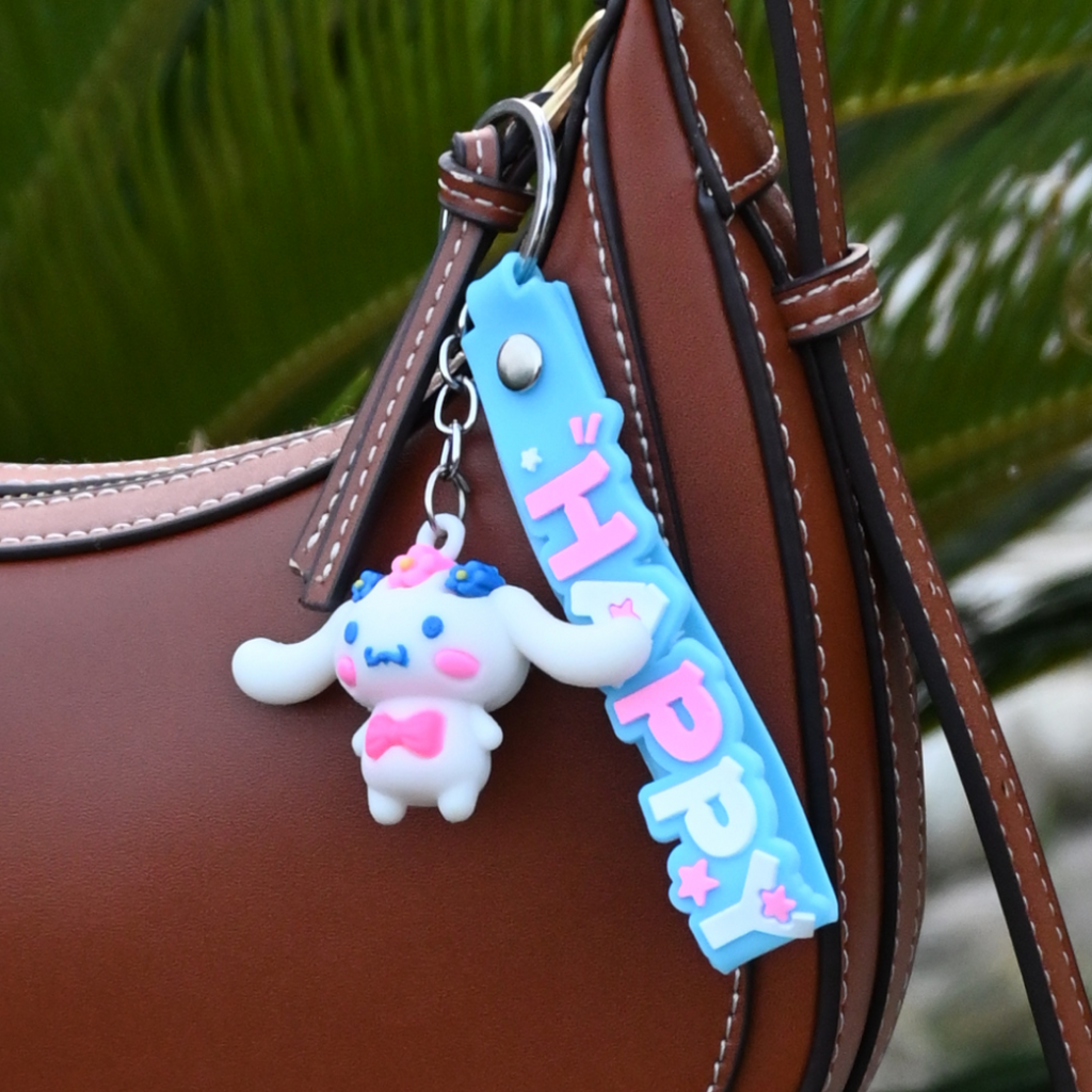 Cute Cinnamoroll-Inspired Keychain | Kawaii Bunny Character Keyring with Blue “HAPPY” Strap