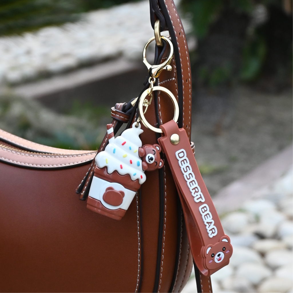 Cute Dessert Bear Keychain | Ice Cream Cup Bear Charm with Brown Silicone Strap