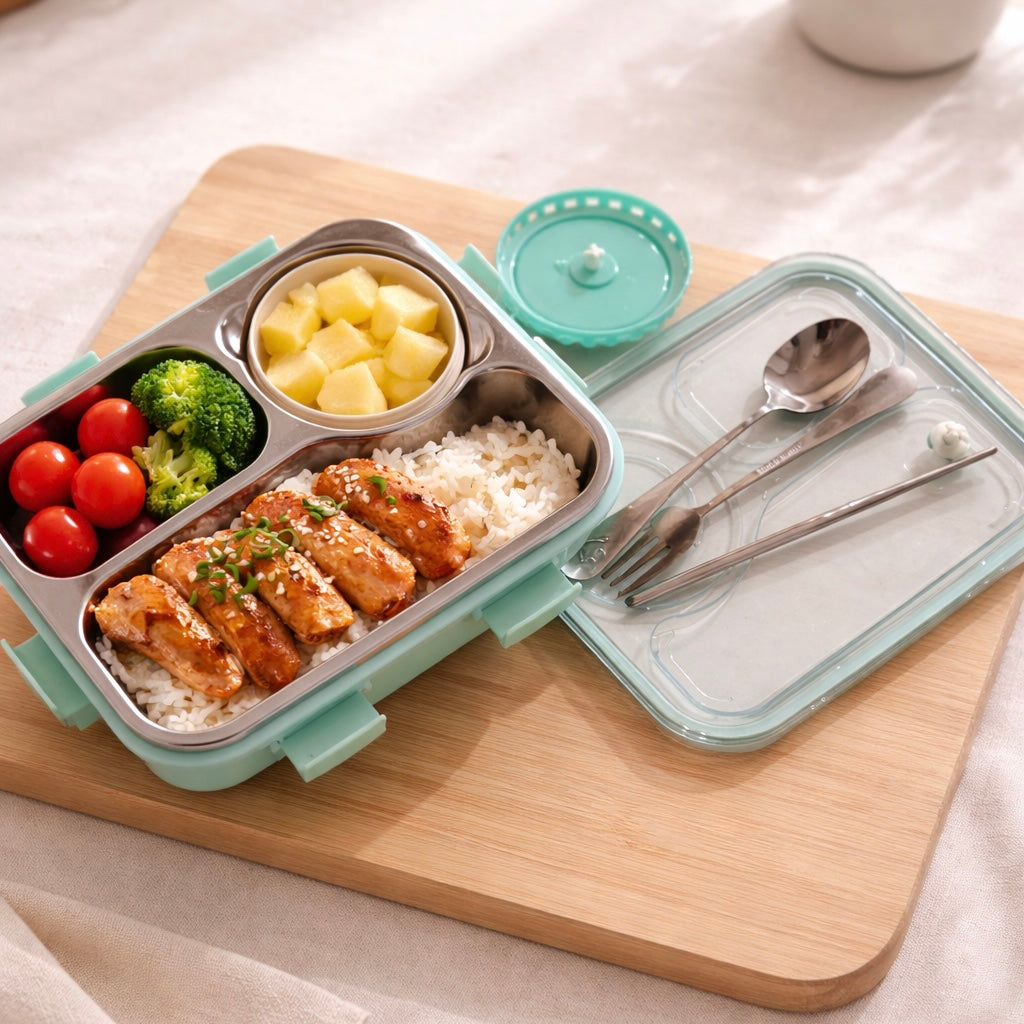 Leak-Proof Bento Lunch Box with Utensils & Detachable Stainless Steel Tray