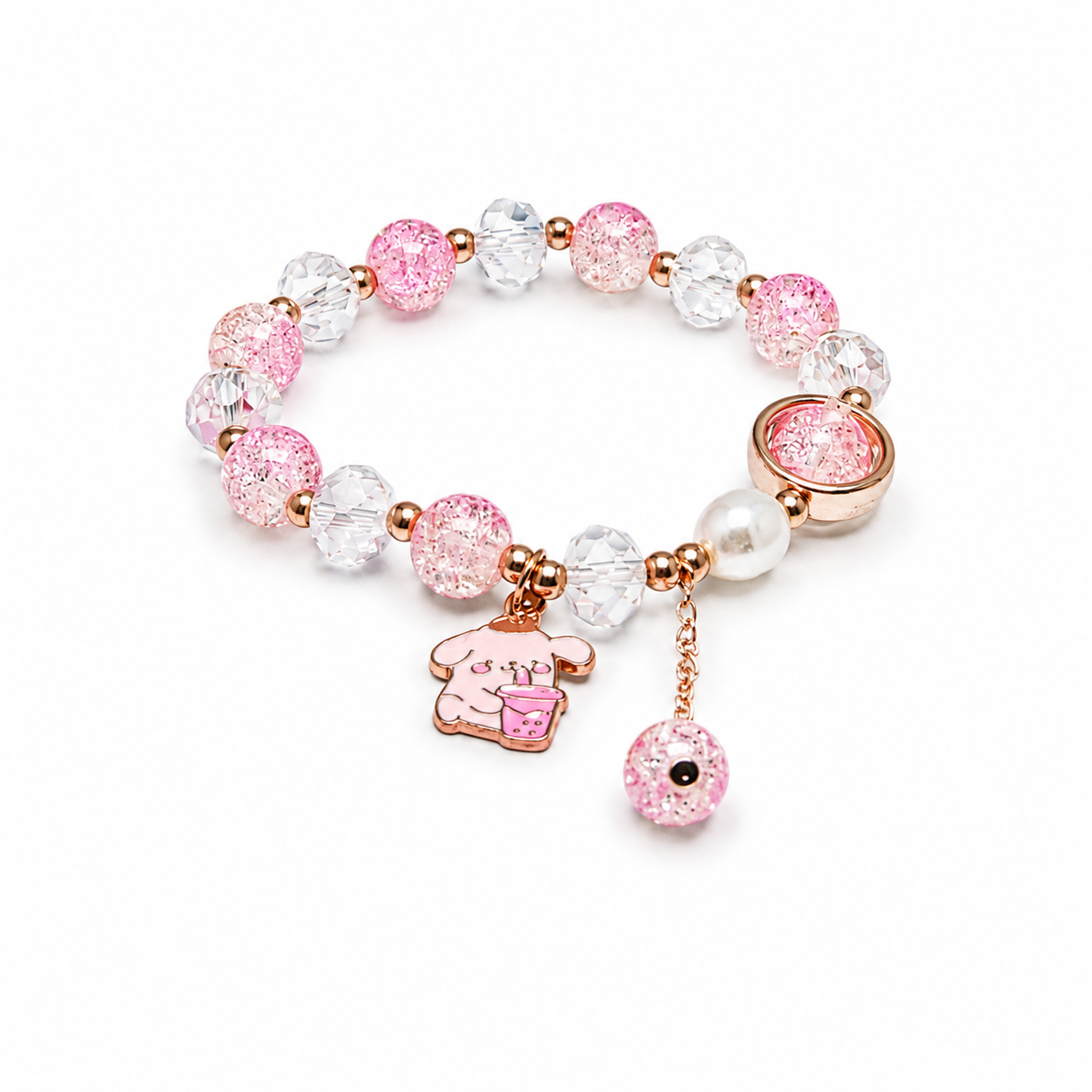 A beaded stretch bracelet featuring pink glitter beads, clear faceted beads, a white pearl, and two charms: a pink cartoon character charm and a dangling pink evil eye bead, all set in rose gold-tone metal on a white background.